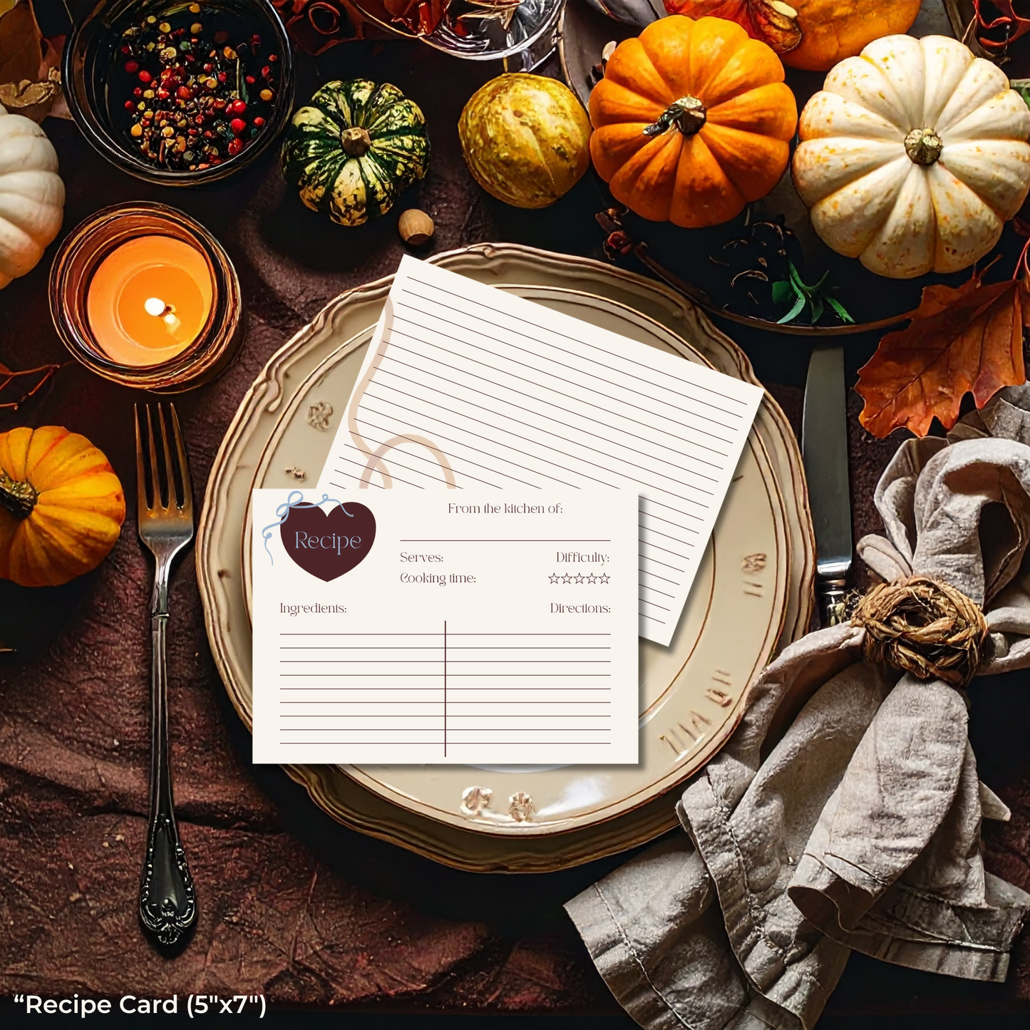 Recipe card on a plate with pumpkins and candles, autumnal setting.