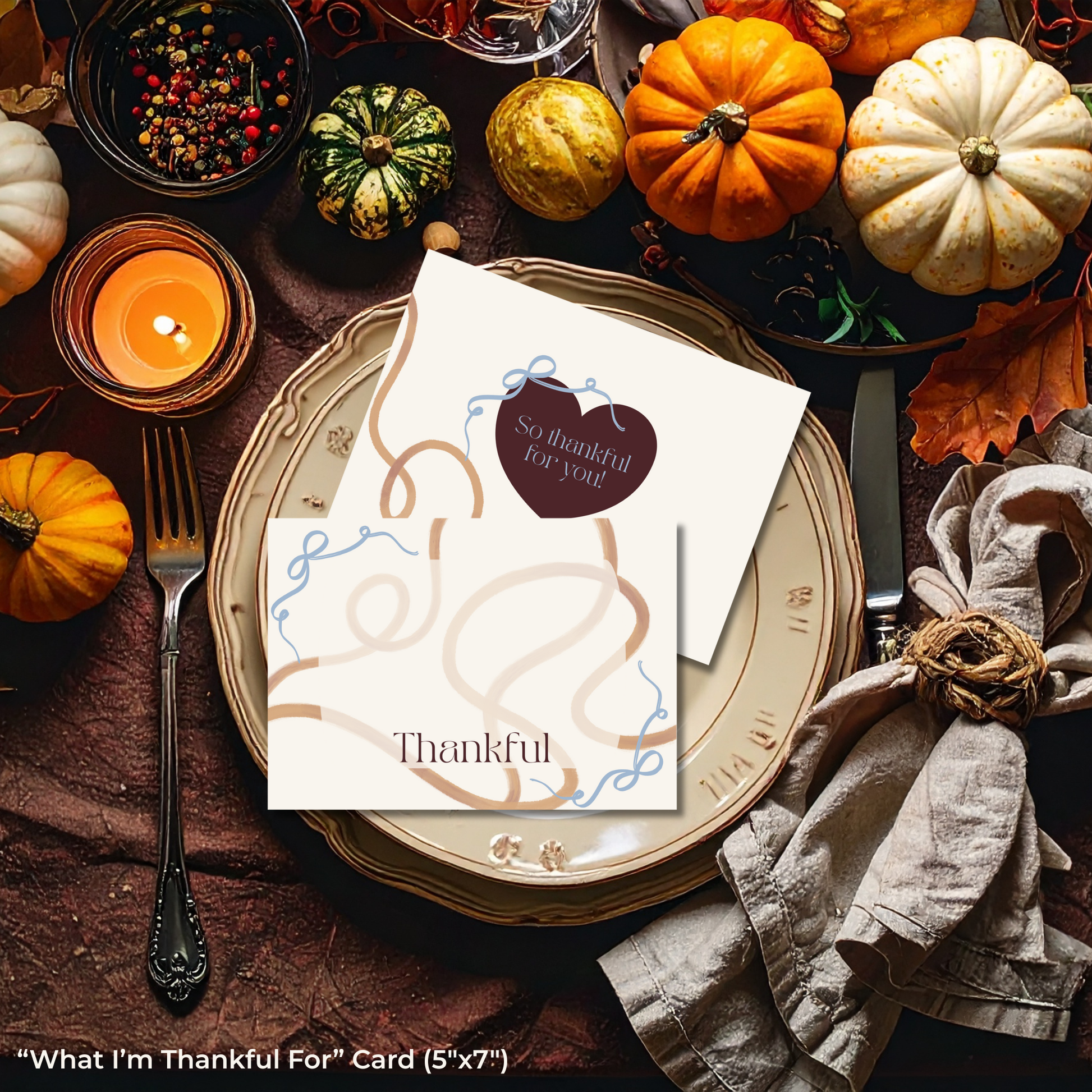 Thanksgiving-themed 'thankful for' card with pumpkins and candles on a table setting